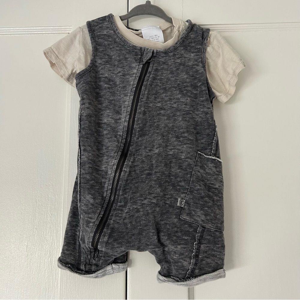 Kidding Around Neutral Gray Baby Toddler Cotton Romper Set Size 18 Months